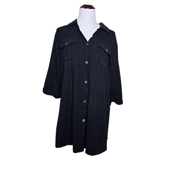 Dotti Other - Dotti Black Subtle Stripe Roll Tab Sleeve Button Down Shirt Dress Cover Up M